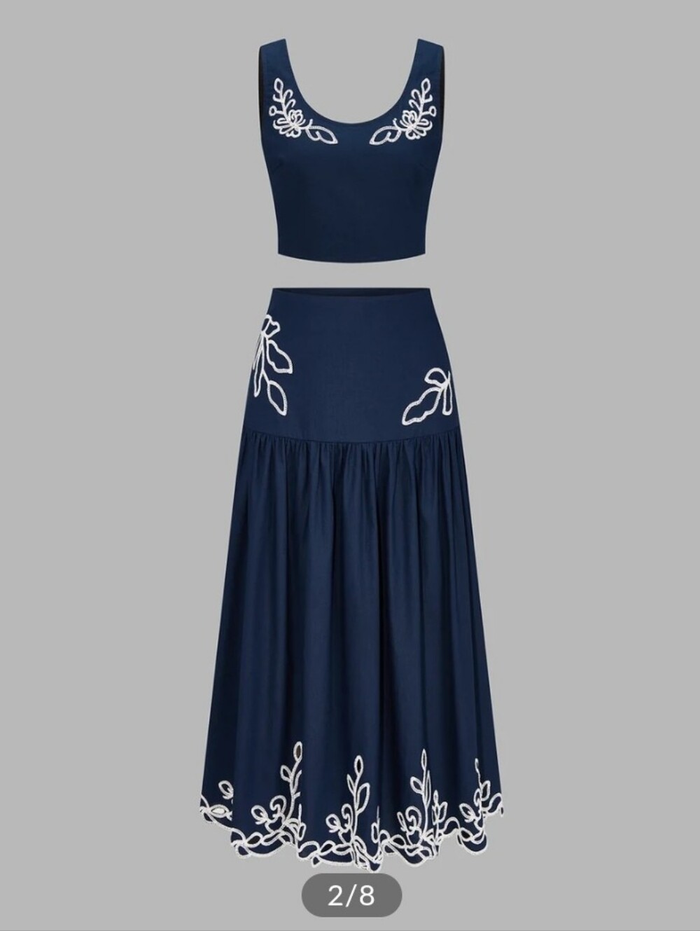 Embroidered Navy Blue Midi Skirt Set - Picture 3 of 11